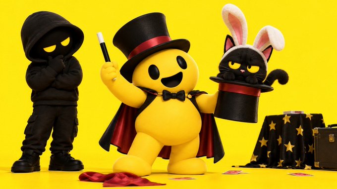 A yellow smiley character dressed as a magician with a black top hat and cape performs a magic trick, pulling a black cat wearing bunny ears out of the hat, while a shadowy figure in a hood observes from the left, set against a vibrant yellow background with a star-patterned table nearby. The image's whimsical, inventive theme visually echoes the post's message about collaborating with innovative builders to launch on "GO," suggesting that the platform serves as the "magic" enabling creators to bring their ideas to life.