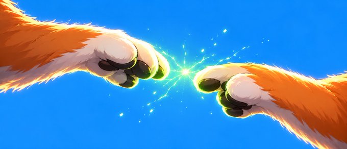 An illustration shows two furry animal paws reaching toward each other, with their fingers creating a bright spark of energy between them against a blue sky.