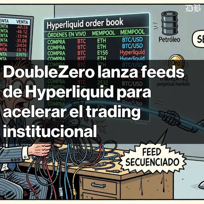 A cartoon illustration with Spanish text overlay: 'DoubleZero lanza feeds de Hyperliquid para acelerar el trading institucional', showing an order book screen labeled 'Hyperliquid order book' and a 'FEED SECUENCIADO' sign.