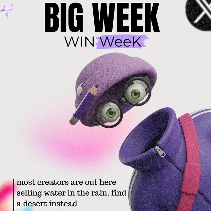 A promotional graphic titled "BIG WEEK" featuring an animated 3D character with green eyes wearing a purple beret with a pencil tucked into it, alongside the tagline "most creators are out here selling water in the rain, find a desert instead." The quirky character and desert metaphor visually represent the post's message about standing out from saturated markets by seeking underserved niches.