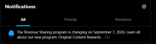 Notifications screen showing a message: 'The Revenue Sharing program is changing on September 7, 2026. Learn all about our new program: Original Content Rewards.'