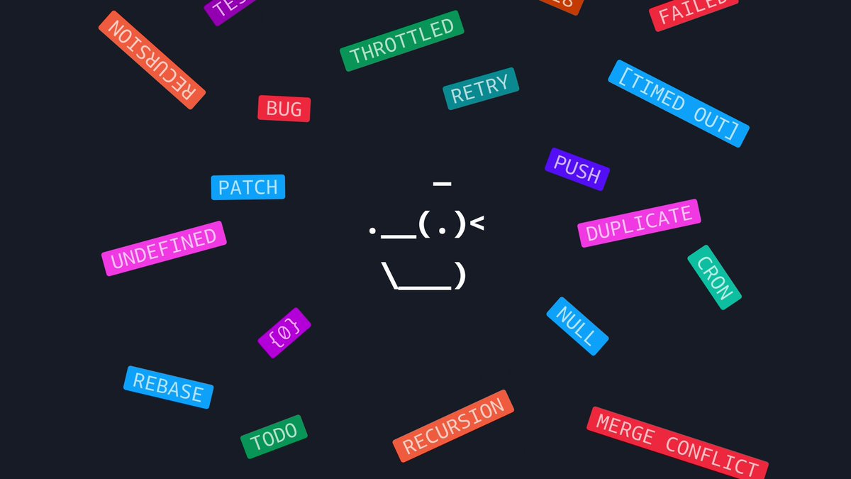 A sad kaomoji face (¯\_(ツ)_/¯) surrounded by colorful labels of common developer frustrations like "BUG," "TIMED OUT," "MERGE CONFLICT," "UNDEFINED," "NULL," and "FAILED," playfully greeting "$WADDLES" with a humorous take on coding woes.
