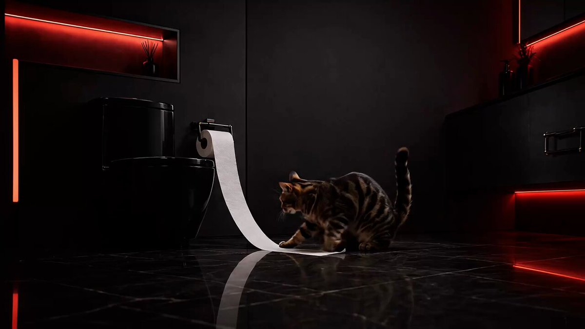The image features a cat sitting on a black floor next to a toilet paper roll that has been unrolled onto the floor, creating an interesting scene. The photo appears to be taken from a high angle or overhead view, giving a unique perspective of the cat's position in relation to the toilet paper and the bathroom setting.

The caption provided is related to the image by mentioning a post on social media that reminds users about the market expiration date for a product tied to Apyx. This suggests that there might be an event or promotion related to the product, which could potentially affect its value in the market.