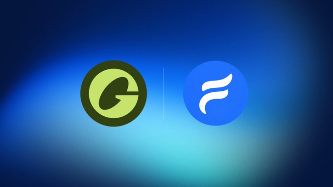 Two cryptocurrency logos, a green 'G' and a blue 'F', are displayed side by side against a blue gradient background.