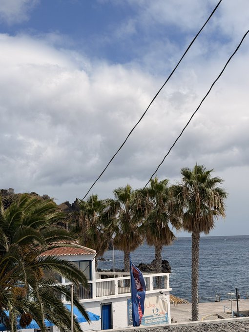 Palm trees sway beside a seaside café under a partly cloudy sky. The request seems unrelated to the tranquil beach scene, which shows no connection to a Solana wallet address.
