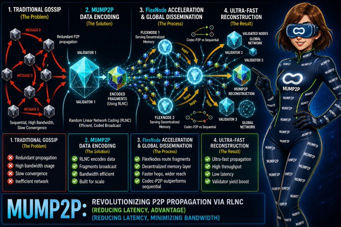 An infographic titled 'MUMP2P: REVOLUTIONIZING P2P PROPAGATION VIA RLNC' featuring an illustrated character in a futuristic suit, explaining data encoding, dissemination, and reconstruction processes.