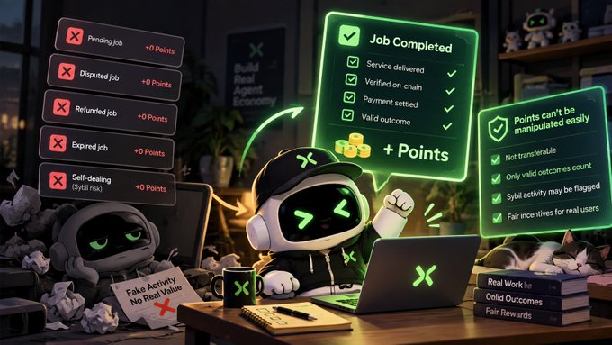 A cartoon mascot works on a laptop surrounded by UI panels showing positive actions like 'Job Completed' (+Points) with checkmarks for 'Service delivered' and 'Payment settled', contrasted against negative actions like 'Pending job', 'Disputed job', and 'Self-dealing (Sybil risk)' marked with red X's.
