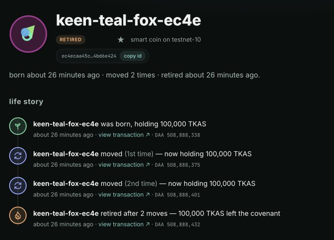 A profile page for 'keen-teal-fox-ec4e', a retired smart coin on testnet-10, showing its life story of being born, moved twice, and retired with 100,000 TKAS.