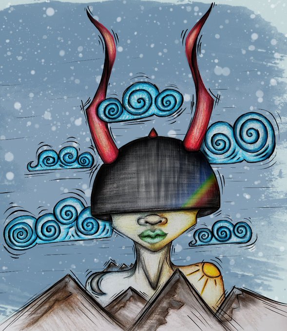 A surreal, hand-drawn illustration of a female figure with green lips wearing a VR-style helmet with red horns, set against a snowy sky with swirling blue clouds.