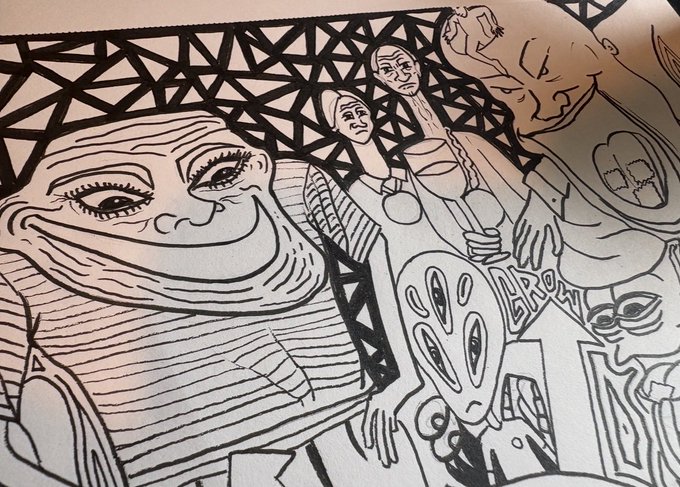 A black and white line drawing artwork featuring stylized faces and figures, including a large smiling face with striped cheeks, geometric patterns, and characters with exaggerated features, with one corner of the page curled.