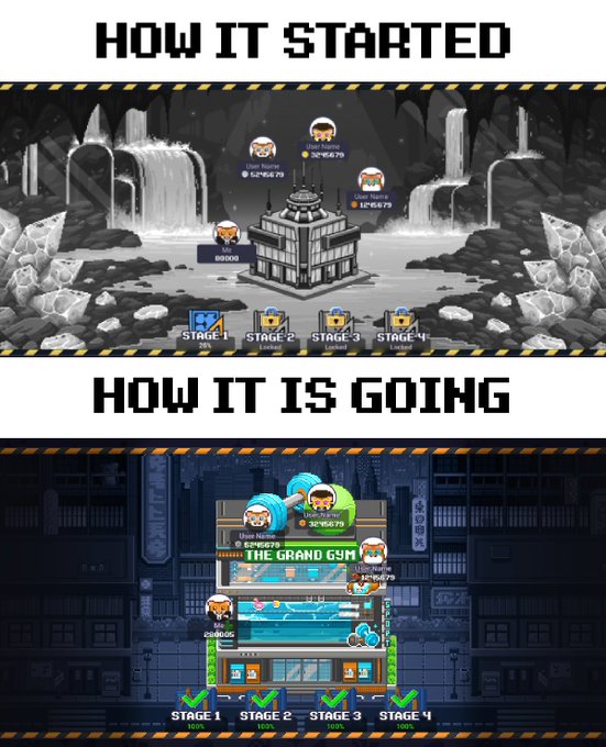 A 'How It Started / How It Is Going' meme comparing two screenshots of the game 'Idle Obgyn': the top showing a simple hospital surrounded by rocks and waterfalls, and the bottom showing an elaborate 'THE GRAND GYM' building with 4 stages all marked complete at 100%.