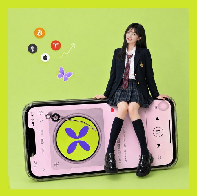 An illustrated promotional image of a young woman in school uniform sitting on a large smartphone with cryptocurrency icons (Bitcoin, Ethereum, Tether) floating nearby on a green background.