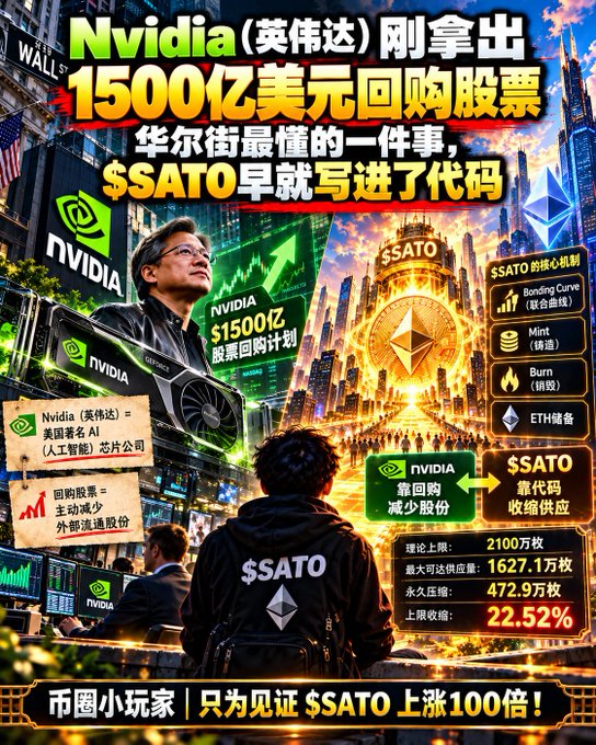 A Chinese-language promotional graphic about Nvidia announcing a $1500 billion stock buyback, mentioning the cryptocurrency $SATO and claiming it is 'already coded' with Ethereum (ETH) reserves.