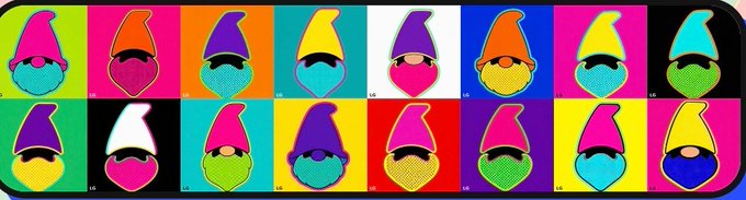 A pop-art style illustration features a 2x6 grid of repeating gnome figures, each rendered in different bright colors and halftone patterns.