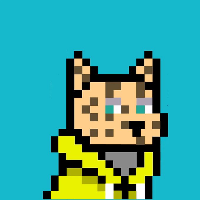 A pixel art depiction of a spotted cat-like character with cyan eyes wearing a green outfit against a teal background.