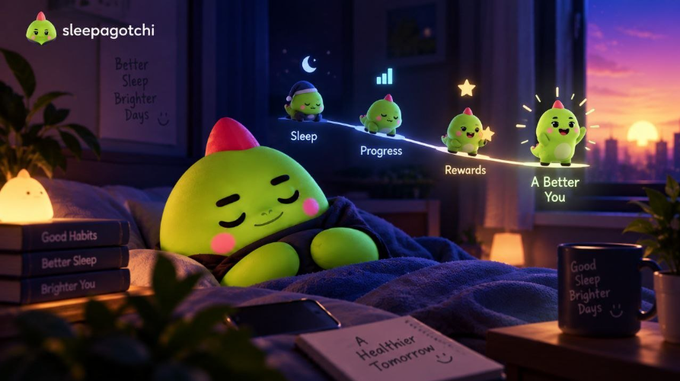 A promotional image for 'sleepagotchi' featuring a green sleeping mascot character, with smaller versions illustrating a 'Sleep → Progress → Rewards → A Better You' progression, surrounded by books reading 'Good Habits Better Sleep Brighter You' and a mug and notebook with 'A Healthier Tomorrow'.