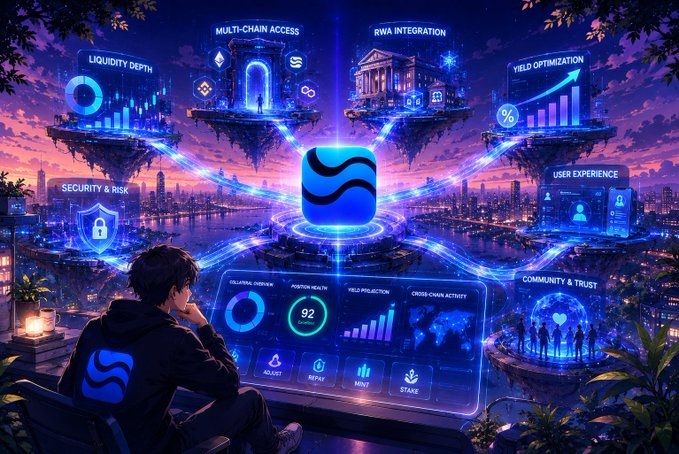 The image depicts an illustration of a cityscape with floating islands, each representing different aspects of the digital world. The central island has a blue square with a white "gRIVER" logo at its center, surrounded by various icons symbolizing different elements of the digital landscape such as social media, cloud computing, and data analysis. A person is sitting in front of this central island, seemingly contemplating or observing the scene. The overall atmosphere suggests that the image is part of an advertisement for a company named "gRIVER Community I", which focuses on providing solutions related to the digital world.