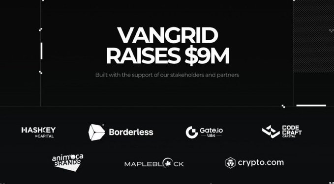 Black promotional graphic announcing 'VANGRID RAISES $9M' with the tagline 'Built with the support of our stakeholders and partners,' featuring logos for HashKey Capital, Borderless, Gate.io Labs, Codecraft, Animoca Brands, Mapleblock, and crypto.com.