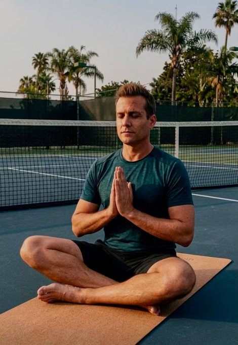 A man meditates in a lotus pose on a yoga mat on a tennis court with palms in prayer position, eyes closed in a peaceful moment. The image aligns with the post's message about taking time to meditate and ground oneself, as the serene setting and centered pose visually reinforce the call to find calm and emotional control during difficult times.