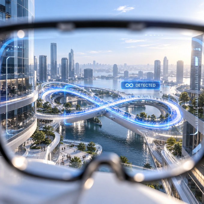 Looking through smart glasses with AR overlay, a futuristic infinity-loop pedestrian bridge spans a river in a high-tech cityscape, with "INFINITY DETECTED" displayed on the heads-up display, playfully tying into Meta's new eyewear release and their signature "Meta" infinity logo branding.