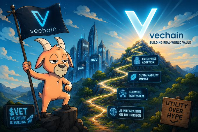 A promotional illustration for VeChain featuring its goat mascot holding a 'vechain' flag on a mountain path, with enterprise partner buildings (BMW, PwC, DNV) in the background. Key text includes 'vechain BUILDING REAL-WORLD VALUE', '$VET THE FUTURE IS BUILDING', 'ENTERPRISE ADOPTION', 'SUSTAINABILITY IMPACT', 'GROWING ECOSYSTEM', 'AI INTEGRATION ON THE HORIZON', and 'UTILITY OVER HYPE'.
