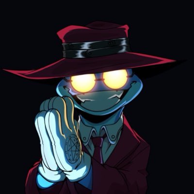 A dark illustration of a mysterious humanoid figure wearing a red fedora and red coat, with glowing yellow eyes, holding a coin displaying a pentagram.
