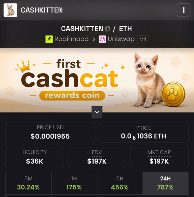A cryptocurrency trading interface showing the 'CASHKITTEN' token paired with ETH on Uniswap V4, priced at $0.0001955 with a market cap of $197K and significant 24-hour gains of 787%.