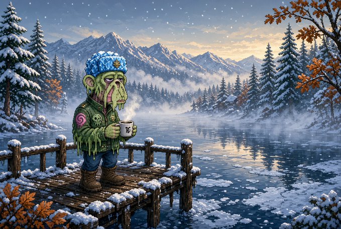 A green zombie-like creature in a winter hat stands on a snowy dock holding a mug of steaming coffee, with a beautiful mountain lake scene in the background. The undead character enjoying a warm drink on a chilly morning complements the post's cheerful "gud morning everyone, happy Friday" greeting.