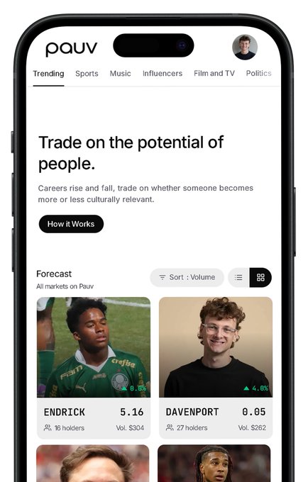 A screenshot of the Pauv app showing 'Trade on the potential of people' with forecast cards for ENDRICK at 5.16 and DAVENPORT at 0.05.