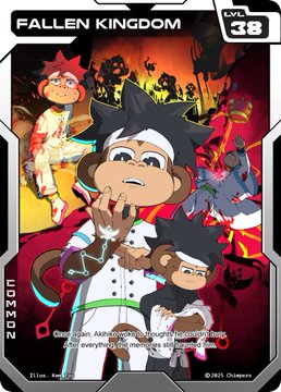 An anime-style promotional card for 'FALLEN KINGDOM' Episode 38, dated 2023011, featuring monkey-like characters.