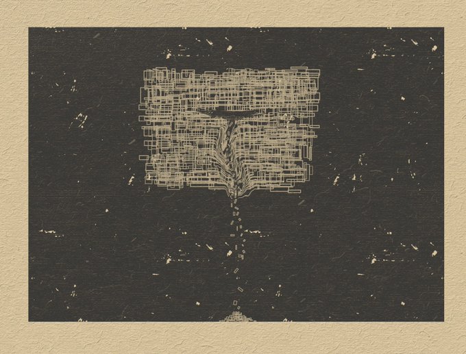 A stylized monochrome illustration of a tree whose branching canopy forms a maze-like rectangular pattern, set against a dark textured background.