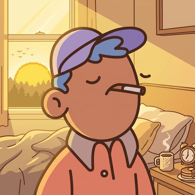 A cartoon illustration shows a young person with purple and blue hair wearing a red hoodie, standing next to a bed with a steaming mug and an alarm clock, while smoking a cigarette as the sun rises outside the window.