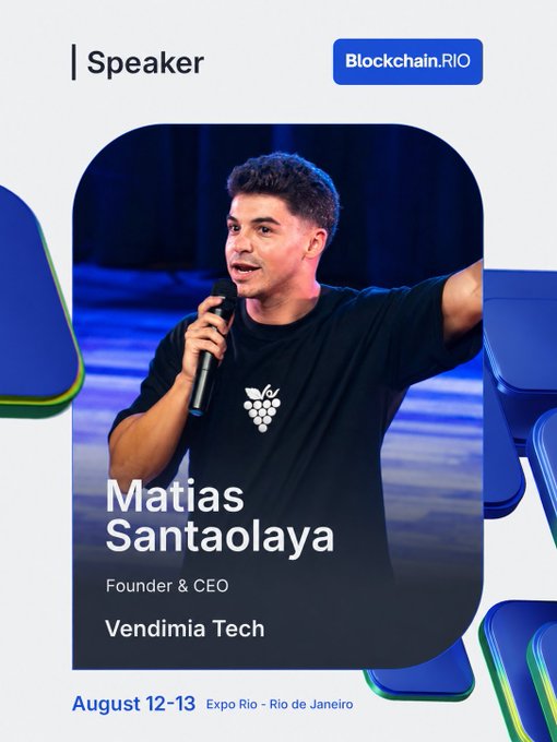 A speaker announcement card for Matias Santaolaya, Founder & CEO of Vendimia Tech, speaking at Blockchain.RIO on August 12-13 at Expo Rio, Rio de Janeiro.