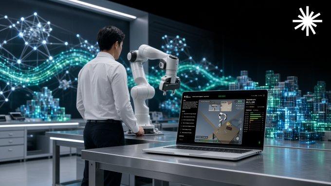 A futuristic laboratory scene showing a person standing next to a white robotic arm and a laptop displaying code, with a glowing digital cityscape background and a starburst logo in the upper right corner.