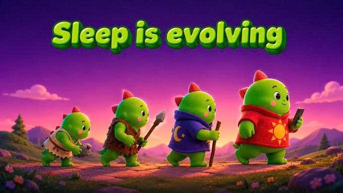 A 3D rendered illustration of four green goblin-like creatures evolving across stages (caveman to modern) under the text 'Sleep is evolving'.
