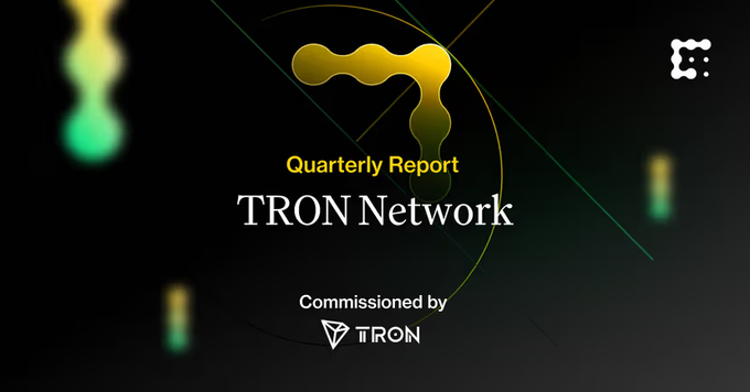 The image announces the "Quarterly Report" for the "TRON Network," commissioned by TRON, and illustrates the network's growth and advancements.