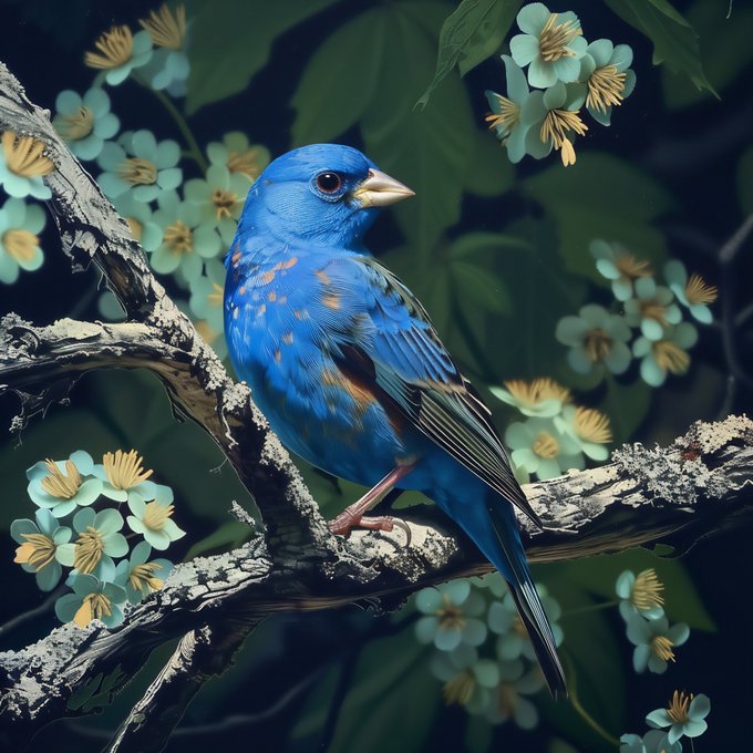 A vivid illustration of a blue songbird with orange-rust speckled wings perched on a lichen-covered branch surrounded by pale blossoms and dark green leaves.