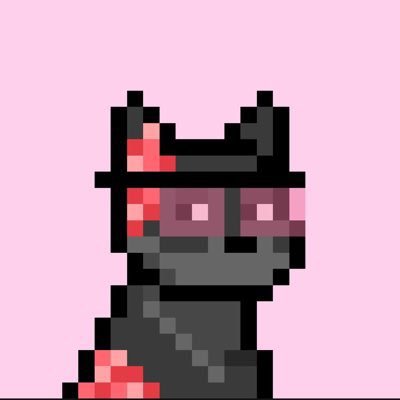 A pixel-art illustration of a black cat character wearing a witch hat with red accents against a pink background.