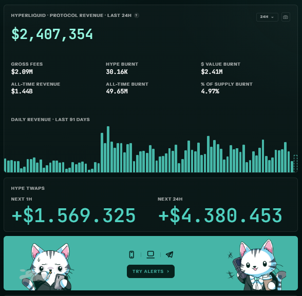 a dark-themed analytics dashboard titled "hyperliquid · protocol revenue · last 24h" showing $2,407,354 with gross fees, hype burnt, $ value burnt metrics and a daily revenue bar chart over the last 91 days, featuring cat mascots and hype twaps of +$1.569.325 and +$4.380.453.