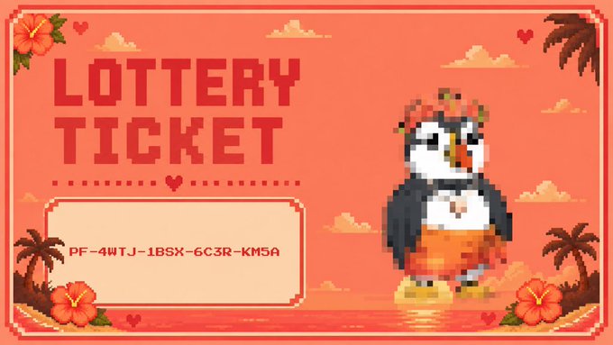 A pixel-art 'LOTTERY TICKET' graphic on a coral background featuring a puffin character, tropical flowers, and the code 'PF-4WTJ-1BSX-6C3R-KM5A.'