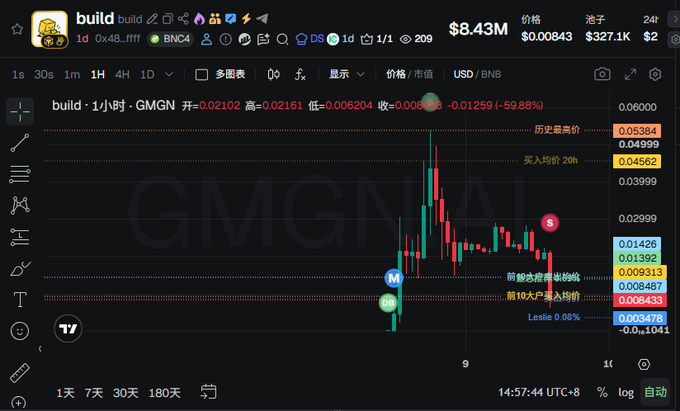 The image shows a 1-hour price chart for the meme token "build" (ticker BNC4) on GMGN, trading against BNB at approximately $0.008433 with a market cap of $8.43M and liquidity of $327.1K. The chart reveals a classic pump-and-dump pattern, with the price spiking to a high of $0.02161 before crashing nearly 60% to $0.01426, visually supporting the post's accusation of an instantly-dumped, bundled token promotion.