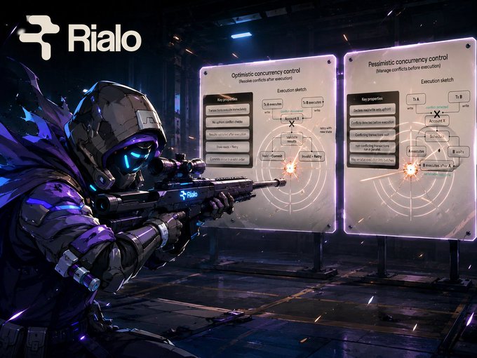 A futuristic digital illustration of a hooded, masked figure firing a rifle labeled 'Rialo' at two glowing target screens displaying 'Optimistic concurrency control' and 'Pessimistic concurrency control' diagrams, with the Rialo logo in the top left.