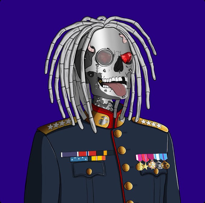 A digital illustration of a cyborg skeleton with dreadlocks, a metal skull face with glowing red eyes, and a military uniform decorated with medals against a purple background.