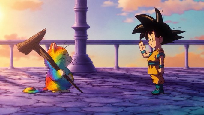 A little Goku waves at a rainbow-colored cat holding a staff on a stone pathway, with a sunset sky behind them. The image reflects the playful, colorful spirit of the $COLORS token project as its mascot works toward a larger milestone.