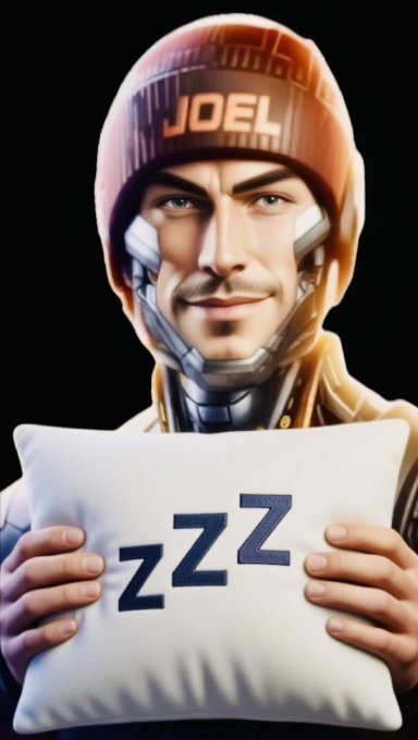 A digital illustration of a cyborg/android character wearing a beanie labeled "JOEL" holding a white pillow with "ZZZ" on it against a black background.