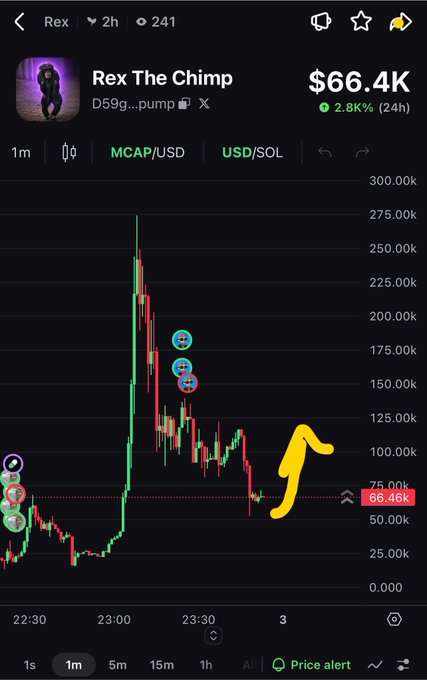 A mobile trading chart showing the token 'Rex The Chimp' at $66.4K, down 2.8% in 24 hours, with a yellow hand-drawn arrow pointing upward from the price level.