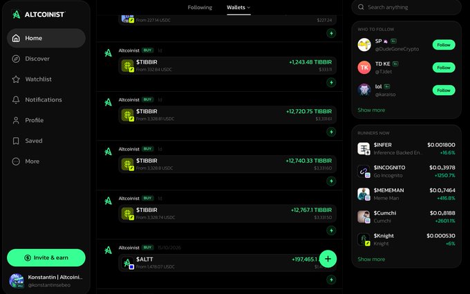 A dark crypto wallet interface for “Altcoinist” lists wallet balances and token entries including “STBBIR,” “$ALTT,” and “$3,286,” alongside suggested accounts such as SP, TD KE, lol, SINER, SINCOGNITO, EMEMEMAN, and others.