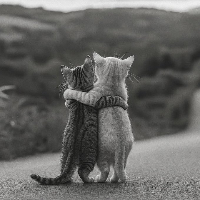 A black and white photo showing two cats standing side by side, looking out at a landscape, with one cat's arm wrapped around the other in a hug.