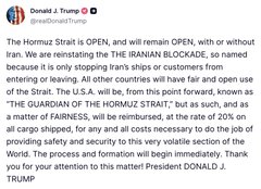 The image shows a tweet from Donald J. Trump (@realDonaldTrump) declaring "THE HORUZ STRAIT IS OPEN" (a likely misspelling of "Hormuz Strait"), stating the U.S. will not tolerate Iranian blockade and announcing plans to reopen the strait with allied forces. The post caption "Every Single Time" appears to reference Trump's pattern of making abrupt diplomatic or military declarations, with the caption suggesting this is a recurring tendency in his foreign policy statements.
