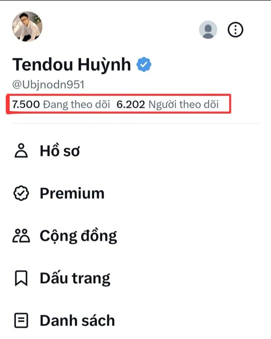 A Twitter/X profile for 'Tendou Huỳnh' (@Ubjnodn951) showing 7,500 Following and 6,202 Followers (highlighted in a red box), with navigation options in Vietnamese including Hồ sơ, Premium, Cộng đồng, Dấu trang, and Danh sách.
